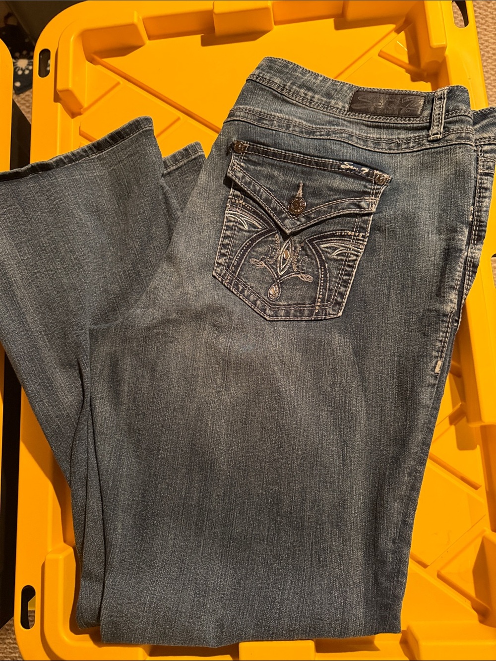 Seven7 Medium Blue Embroidered Pocket Boot Cut Jeans